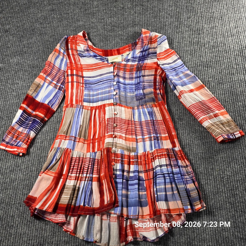 Maeve Anthropologie Plaid Tiered Babydoll Tunic Top Red Blue XS